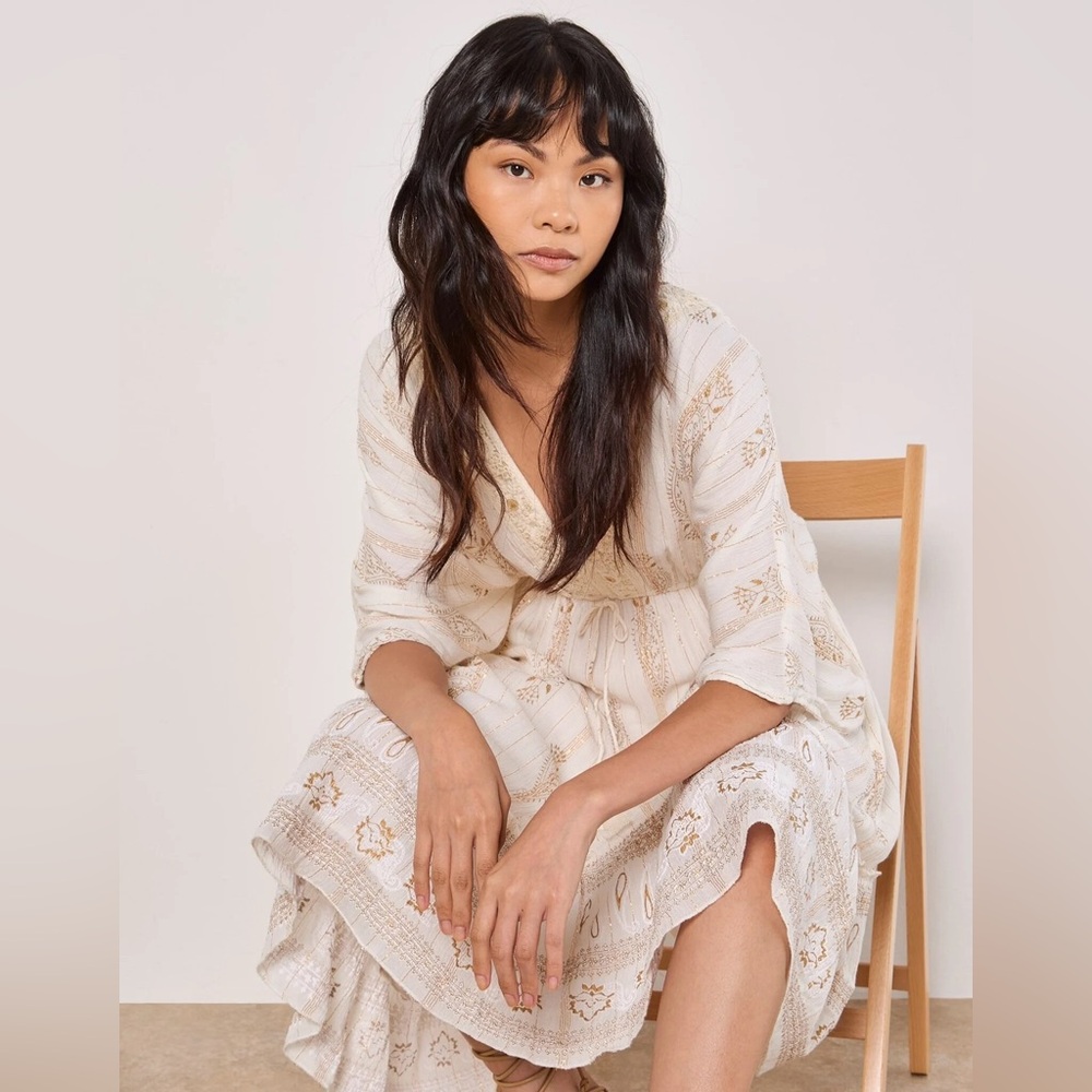 APRICOT 🍑- Boho V-Neck Embroidered Midi Dress in Cream - Picture 2 of 5